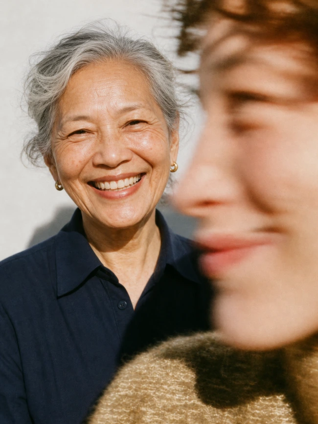 An older woman smiling, a younger face blurred in front of her